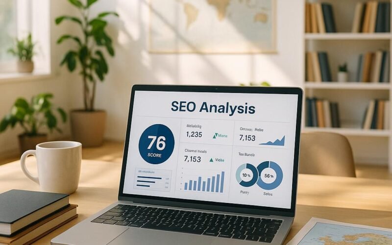 Modernes Büro mit aufgeräumtem Schreibtisch, Laptop mit SEO-Analyse-Dashboard, Notizbüchern, Kaffee, Weltkarte, Pflanzen und Bücher im Hintergrund