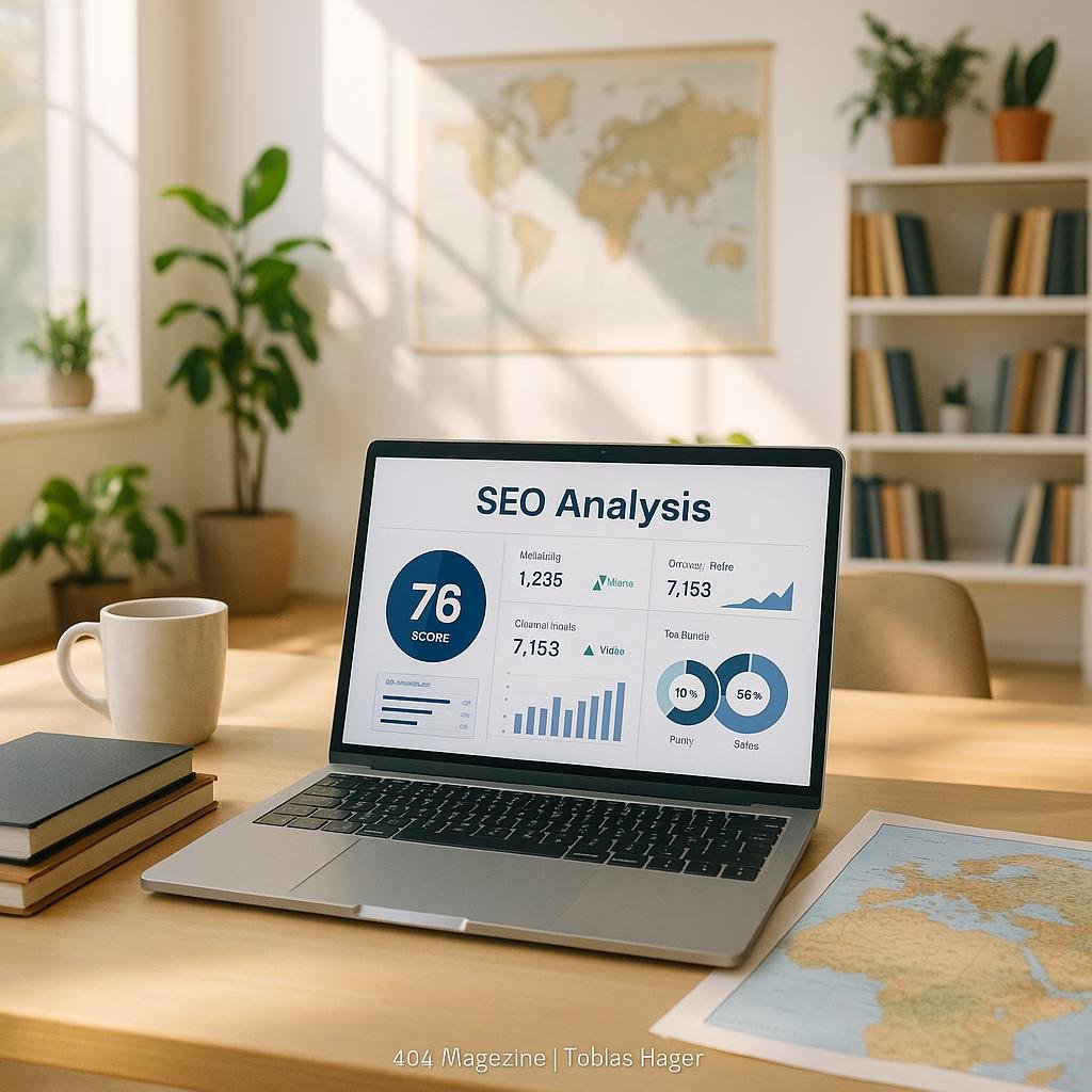 Modernes Büro mit aufgeräumtem Schreibtisch, Laptop mit SEO-Analyse-Dashboard, Notizbüchern, Kaffee, Weltkarte, Pflanzen und Bücher im Hintergrund