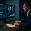 Person in Business-Kleidung arbeitet an einem großen Bildschirm mit technischen SEO-Dashboards in einem modernen Büro, im Hintergrund schemenhafte Server-Racks und digitale Datenströme sichtbar