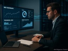 Person in Business-Kleidung arbeitet an einem großen Bildschirm mit technischen SEO-Dashboards in einem modernen Büro, im Hintergrund schemenhafte Server-Racks und digitale Datenströme sichtbar