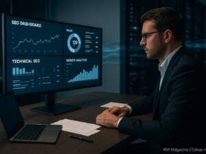 Person in Business-Kleidung arbeitet an einem großen Bildschirm mit technischen SEO-Dashboards in einem modernen Büro, im Hintergrund schemenhafte Server-Racks und digitale Datenströme sichtbar