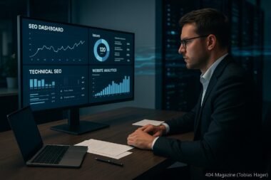 Person in Business-Kleidung arbeitet an einem großen Bildschirm mit technischen SEO-Dashboards in einem modernen Büro, im Hintergrund schemenhafte Server-Racks und digitale Datenströme sichtbar