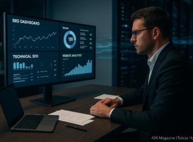 Person in Business-Kleidung arbeitet an einem großen Bildschirm mit technischen SEO-Dashboards in einem modernen Büro, im Hintergrund schemenhafte Server-Racks und digitale Datenströme sichtbar