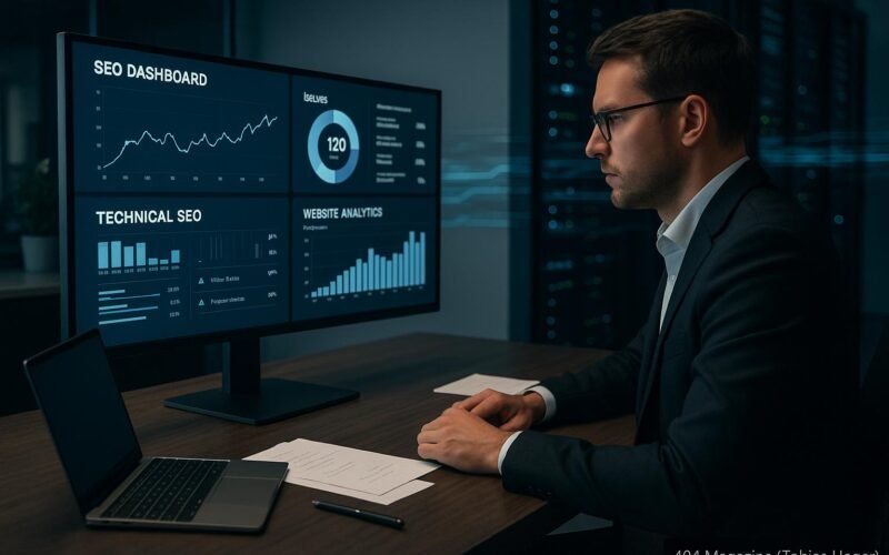 Person in Business-Kleidung arbeitet an einem großen Bildschirm mit technischen SEO-Dashboards in einem modernen Büro, im Hintergrund schemenhafte Server-Racks und digitale Datenströme sichtbar