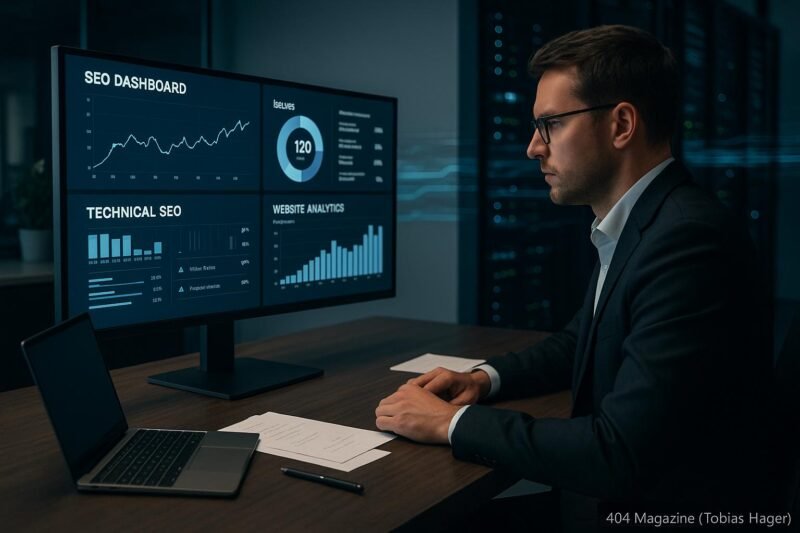 Person in Business-Kleidung arbeitet an einem großen Bildschirm mit technischen SEO-Dashboards in einem modernen Büro, im Hintergrund schemenhafte Server-Racks und digitale Datenströme sichtbar