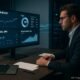 Person in Business-Kleidung arbeitet an einem großen Bildschirm mit technischen SEO-Dashboards in einem modernen Büro, im Hintergrund schemenhafte Server-Racks und digitale Datenströme sichtbar