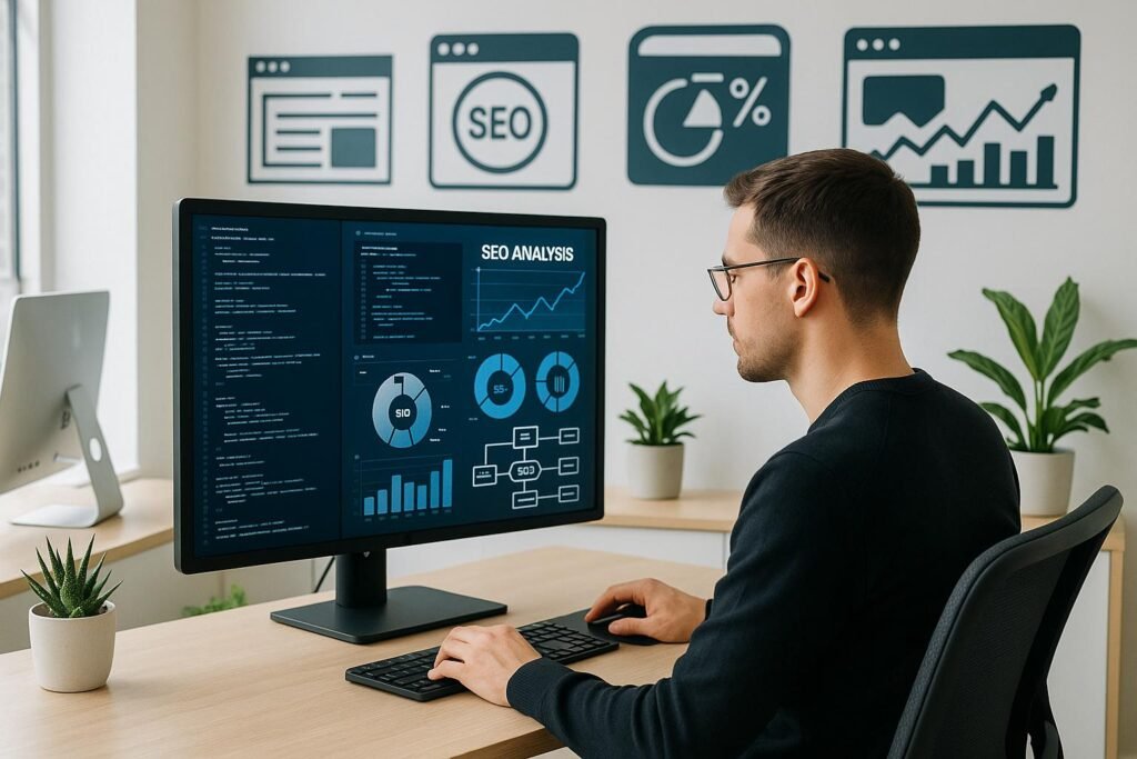 Digitaler Marketer arbeitet in einem modernen, minimalistischen Büro mit großer Bildschirmanzeige von Code, Diagrammen und SEO-Analysen, im Hintergrund Webseiten-Icons und Browser-Fenster.