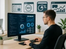 Digitaler Marketer arbeitet in einem modernen, minimalistischen Büro mit großer Bildschirmanzeige von Code, Diagrammen und SEO-Analysen, im Hintergrund Webseiten-Icons und Browser-Fenster.