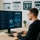 Digitaler Marketer arbeitet in einem modernen, minimalistischen Büro mit großer Bildschirmanzeige von Code, Diagrammen und SEO-Analysen, im Hintergrund Webseiten-Icons und Browser-Fenster.