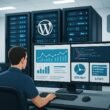Moderner WordPress-Serverraum mit Entwickler vor großem Monitor, leuchtenden Serverracks, Netzwerk- und Server-Icons, die technische Kontrolle und SEO-Optimierung symbolisieren.