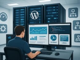 Moderner WordPress-Serverraum mit Entwickler vor großem Monitor, leuchtenden Serverracks, Netzwerk- und Server-Icons, die technische Kontrolle und SEO-Optimierung symbolisieren.