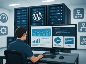 Moderner WordPress-Serverraum mit Entwickler vor großem Monitor, leuchtenden Serverracks, Netzwerk- und Server-Icons, die technische Kontrolle und SEO-Optimierung symbolisieren.