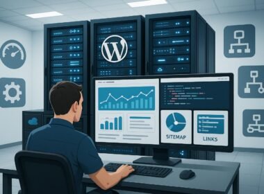 Moderner WordPress-Serverraum mit Entwickler vor großem Monitor, leuchtenden Serverracks, Netzwerk- und Server-Icons, die technische Kontrolle und SEO-Optimierung symbolisieren.