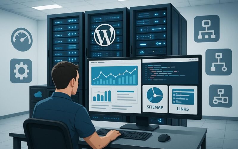 Moderner WordPress-Serverraum mit Entwickler vor großem Monitor, leuchtenden Serverracks, Netzwerk- und Server-Icons, die technische Kontrolle und SEO-Optimierung symbolisieren.