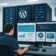 Moderner WordPress-Serverraum mit Entwickler vor großem Monitor, leuchtenden Serverracks, Netzwerk- und Server-Icons, die technische Kontrolle und SEO-Optimierung symbolisieren.