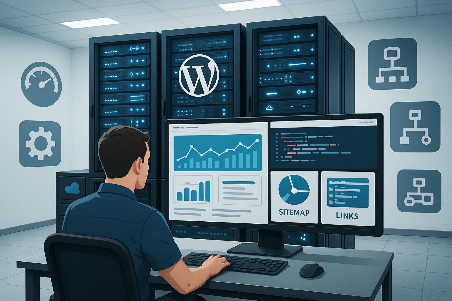 Moderner WordPress-Serverraum mit Entwickler vor großem Monitor, leuchtenden Serverracks, Netzwerk- und Server-Icons, die technische Kontrolle und SEO-Optimierung symbolisieren.