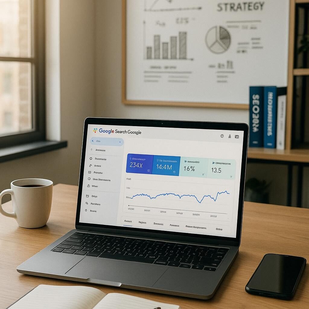 Moderner Büroarbeitsplatz mit Laptop, Notizblöcken, Kaffee, Smartphone und Whiteboard mit analytischen Diagrammen, im Hintergrund Regale mit SEO-Büchern. Credit: 404 Magazine (Tobias Hager)