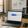 Moderner Büroarbeitsplatz mit Laptop, Notizblöcken, Kaffee, Smartphone und Whiteboard mit analytischen Diagrammen, im Hintergrund Regale mit SEO-Büchern. Credit: 404 Magazine (Tobias Hager)