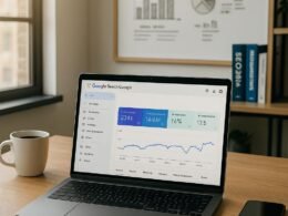 Moderner Büroarbeitsplatz mit Laptop, Notizblöcken, Kaffee, Smartphone und Whiteboard mit analytischen Diagrammen, im Hintergrund Regale mit SEO-Büchern. Credit: 404 Magazine (Tobias Hager)