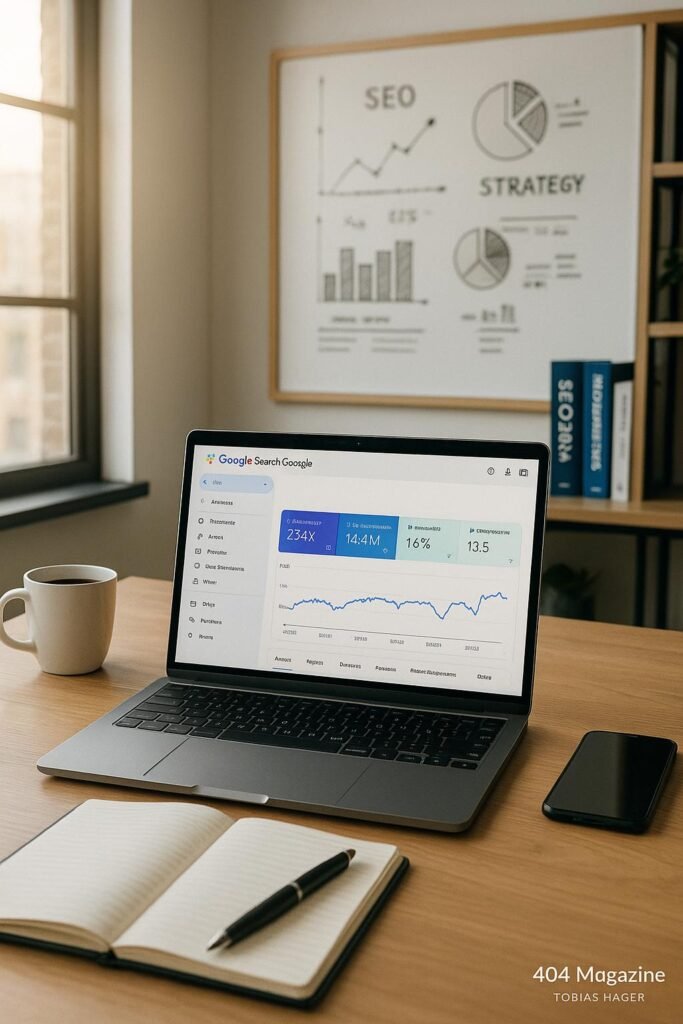 Moderner Büroarbeitsplatz mit Laptop, Notizblöcken, Kaffee, Smartphone und Whiteboard mit analytischen Diagrammen, im Hintergrund Regale mit SEO-Büchern. Credit: 404 Magazine (Tobias Hager)