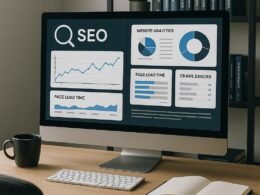 Modernes Büro mit großem Bildschirm, der SEO-Tools und Website-Analysen anzeigt, im Hintergrund Regale mit Fachbüchern zu SEO und digitaler Technik.