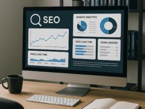 Modernes Büro mit großem Bildschirm, der SEO-Tools und Website-Analysen anzeigt, im Hintergrund Regale mit Fachbüchern zu SEO und digitaler Technik.