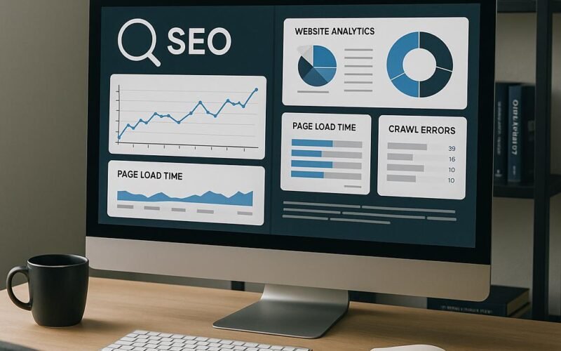Modernes Büro mit großem Bildschirm, der SEO-Tools und Website-Analysen anzeigt, im Hintergrund Regale mit Fachbüchern zu SEO und digitaler Technik.