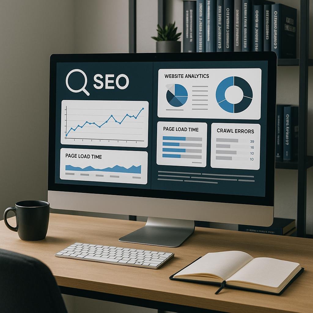 Modernes Büro mit großem Bildschirm, der SEO-Tools und Website-Analysen anzeigt, im Hintergrund Regale mit Fachbüchern zu SEO und digitaler Technik.