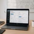 Modernes Büro-Setup mit Laptop, großem Bildschirm mit WordPress-Dashboard, Notizbüchern, Smartphone, Kaffeetasse und Whiteboard mit SEO- und Technik-Skizzen, helles Licht, produktive Atmosphäre. Credit: 404 Magazine (Tobias Hager)