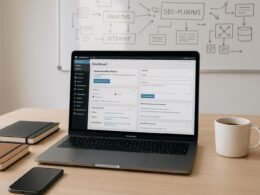 Modernes Büro-Setup mit Laptop, großem Bildschirm mit WordPress-Dashboard, Notizbüchern, Smartphone, Kaffeetasse und Whiteboard mit SEO- und Technik-Skizzen, helles Licht, produktive Atmosphäre. Credit: 404 Magazine (Tobias Hager)