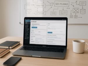 Modernes Büro-Setup mit Laptop, großem Bildschirm mit WordPress-Dashboard, Notizbüchern, Smartphone, Kaffeetasse und Whiteboard mit SEO- und Technik-Skizzen, helles Licht, produktive Atmosphäre. Credit: 404 Magazine (Tobias Hager)