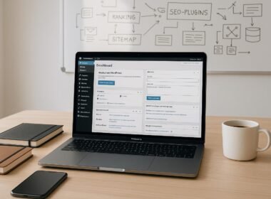 Modernes Büro-Setup mit Laptop, großem Bildschirm mit WordPress-Dashboard, Notizbüchern, Smartphone, Kaffeetasse und Whiteboard mit SEO- und Technik-Skizzen, helles Licht, produktive Atmosphäre. Credit: 404 Magazine (Tobias Hager)