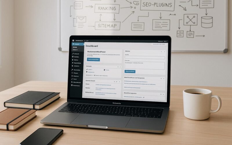 Modernes Büro-Setup mit Laptop, großem Bildschirm mit WordPress-Dashboard, Notizbüchern, Smartphone, Kaffeetasse und Whiteboard mit SEO- und Technik-Skizzen, helles Licht, produktive Atmosphäre. Credit: 404 Magazine (Tobias Hager)