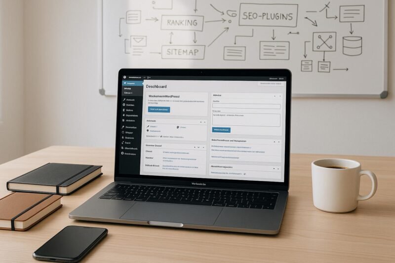 Modernes Büro-Setup mit Laptop, großem Bildschirm mit WordPress-Dashboard, Notizbüchern, Smartphone, Kaffeetasse und Whiteboard mit SEO- und Technik-Skizzen, helles Licht, produktive Atmosphäre. Credit: 404 Magazine (Tobias Hager)
