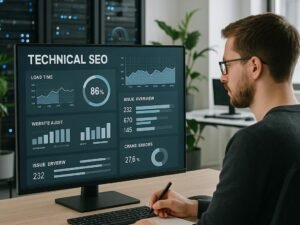 Modernes minimalistisches Büro mit großem Bildschirm, der technische SEO-Dashboards zeigt, Entwickler schaut konzentriert auf den Bildschirm, im Hintergrund Server-Racks und Pflanzen sichtbar.