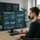 Modernes minimalistisches Büro mit großem Bildschirm, der technische SEO-Dashboards zeigt, Entwickler schaut konzentriert auf den Bildschirm, im Hintergrund Server-Racks und Pflanzen sichtbar.