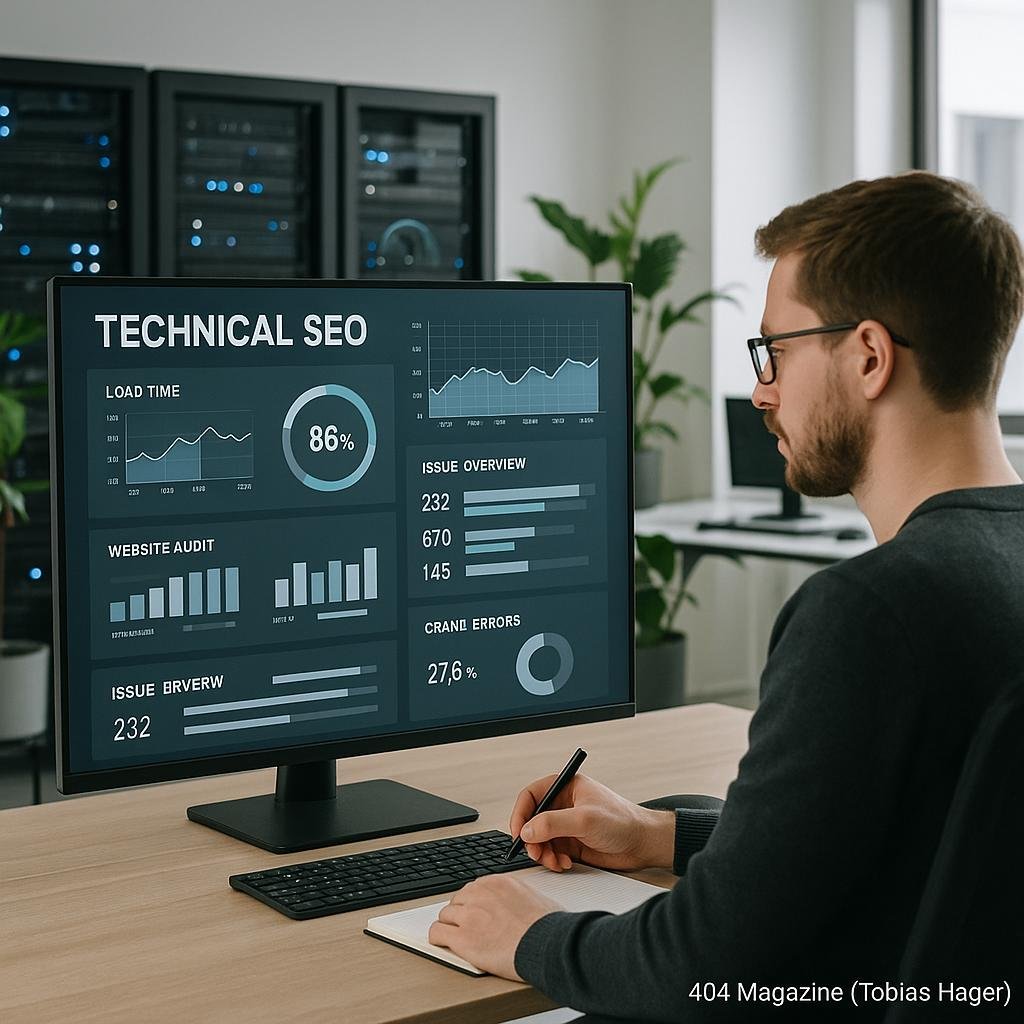 Modernes minimalistisches Büro mit großem Bildschirm, der technische SEO-Dashboards zeigt, Entwickler schaut konzentriert auf den Bildschirm, im Hintergrund Server-Racks und Pflanzen sichtbar.