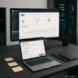 Modernes Büro mit großem Bildschirm, geöffnetem SEO-Plugin im Notizbuch und Serverraum im Hintergrund, betont technische Präzision und strategische SEO-Arbeit.
