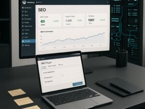 Modernes Büro mit großem Bildschirm, geöffnetem SEO-Plugin im Notizbuch und Serverraum im Hintergrund, betont technische Präzision und strategische SEO-Arbeit.