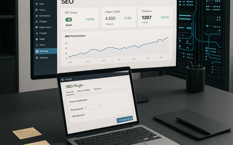 Modernes Büro mit großem Bildschirm, geöffnetem SEO-Plugin im Notizbuch und Serverraum im Hintergrund, betont technische Präzision und strategische SEO-Arbeit.