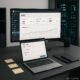 Modernes Büro mit großem Bildschirm, geöffnetem SEO-Plugin im Notizbuch und Serverraum im Hintergrund, betont technische Präzision und strategische SEO-Arbeit.