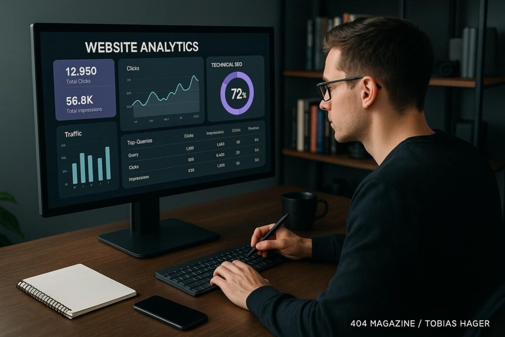 Person analysiert Website-Analytik und SEO-Daten an einem Laptop in einem modernen Büro mit Tech-Gadgets und Büchern im Hintergrund.