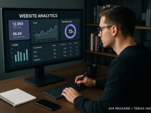 Person analysiert Website-Analytik und SEO-Daten an einem Laptop in einem modernen Büro mit Tech-Gadgets und Büchern im Hintergrund.