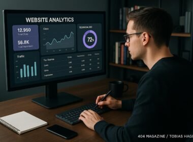 Person analysiert Website-Analytik und SEO-Daten an einem Laptop in einem modernen Büro mit Tech-Gadgets und Büchern im Hintergrund.