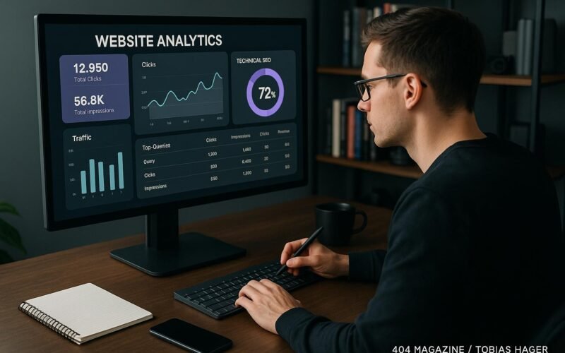 Person analysiert Website-Analytik und SEO-Daten an einem Laptop in einem modernen Büro mit Tech-Gadgets und Büchern im Hintergrund.