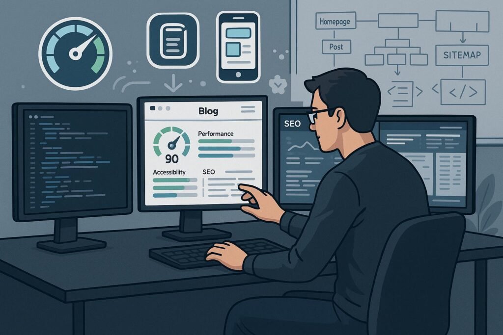 Moderner Arbeitsplatz eines Webentwicklers mit Monitoren, Performance- und SEO-Dashboards, um die technische Optimierung einer Website zu visualisieren