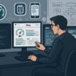 Moderner Arbeitsplatz eines Webentwicklers mit Monitoren, Performance- und SEO-Dashboards, um die technische Optimierung einer Website zu visualisieren