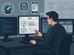 Moderner Arbeitsplatz eines Webentwicklers mit Monitoren, Performance- und SEO-Dashboards, um die technische Optimierung einer Website zu visualisieren