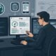 Moderner Arbeitsplatz eines Webentwicklers mit Monitoren, Performance- und SEO-Dashboards, um die technische Optimierung einer Website zu visualisieren