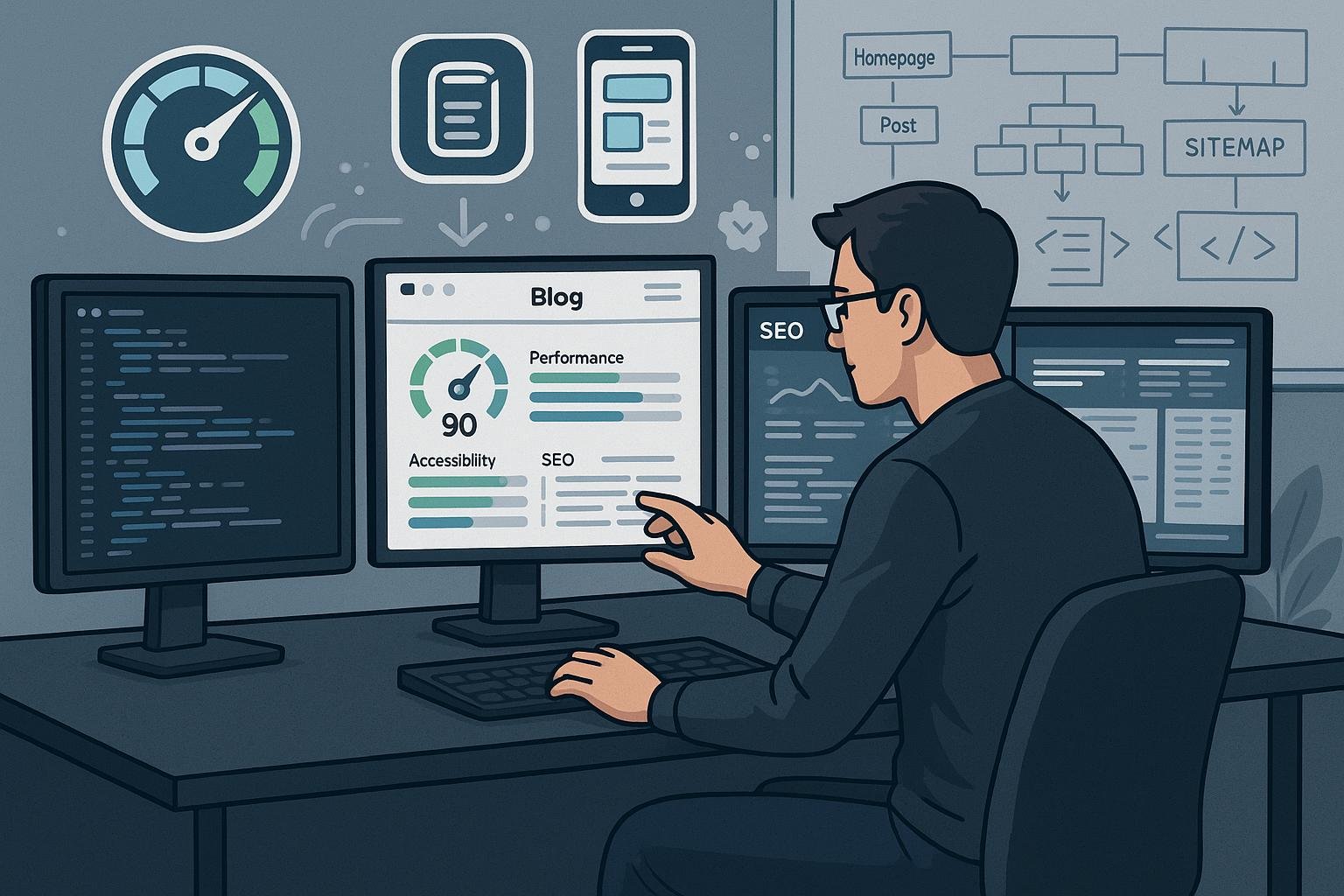 Moderner Arbeitsplatz eines Webentwicklers mit Monitoren, Performance- und SEO-Dashboards, um die technische Optimierung einer Website zu visualisieren